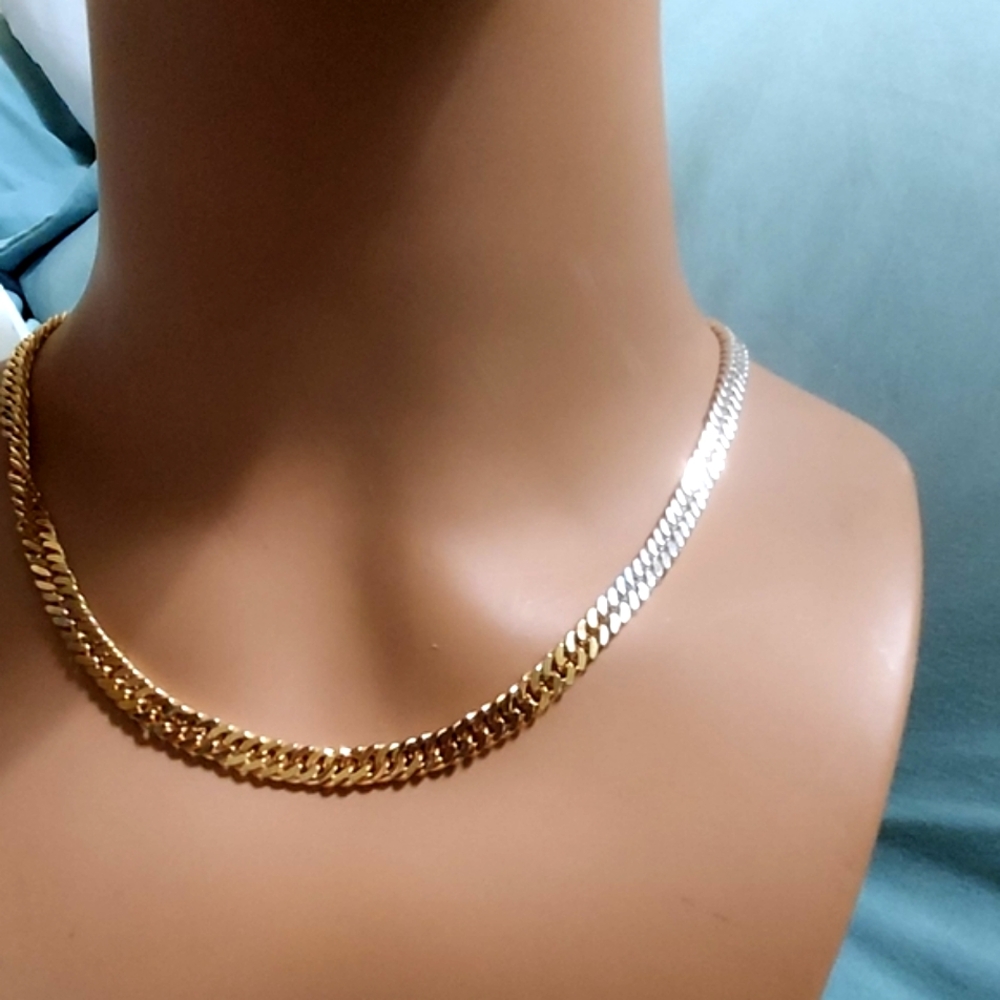 Dyadema Bronze Italy Two-Tone Gold Silver Herringbone Necklace 18" - Picture 9 of 12